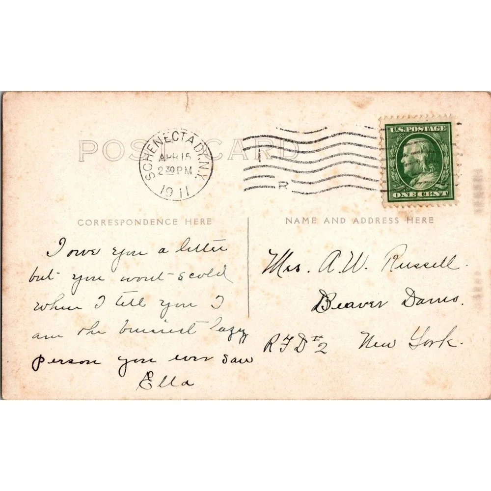 Antique 1911‎ Schenectady N.Y. Postcard With One-Cent Stamp & Handwritten Note